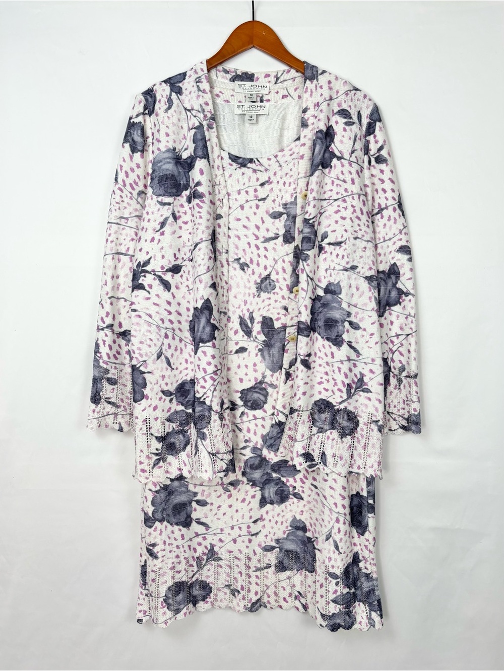 St John Collection Set Dress Cardigan Knit Floral Scallop Size 12 USA White Rose
